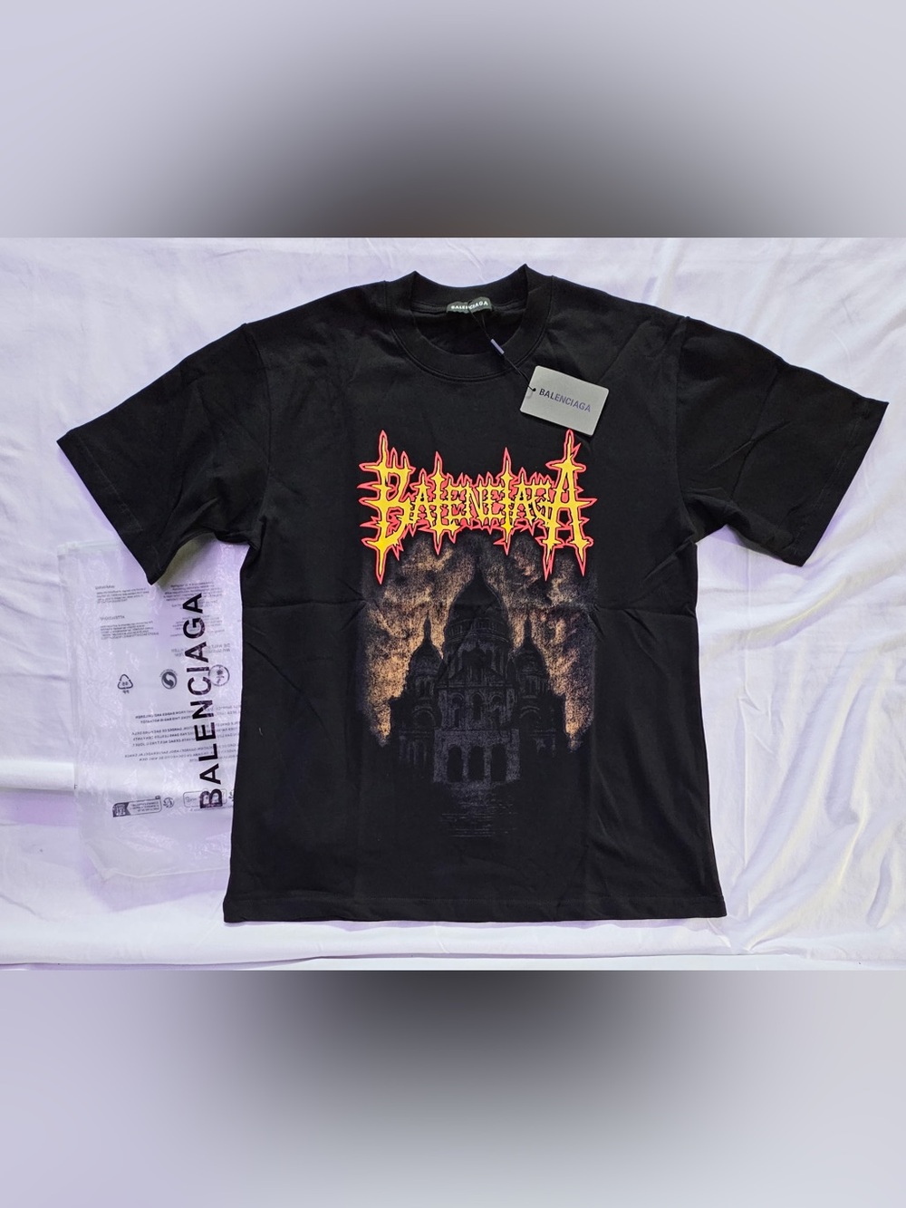 Balenciaga Black Short-Sleeve Tee with Red-Yellow Flame Logo